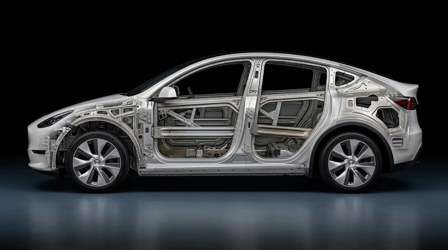 The same Model Y with its outer panels made transparent, showing the door beams, the body-line bracing, the pillars and the quarter structure beside the charge port