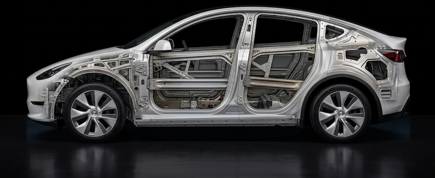 The same car with the outer panels removed, showing the door beams, the pillars and the bracing that decide how a dent is reached from behind