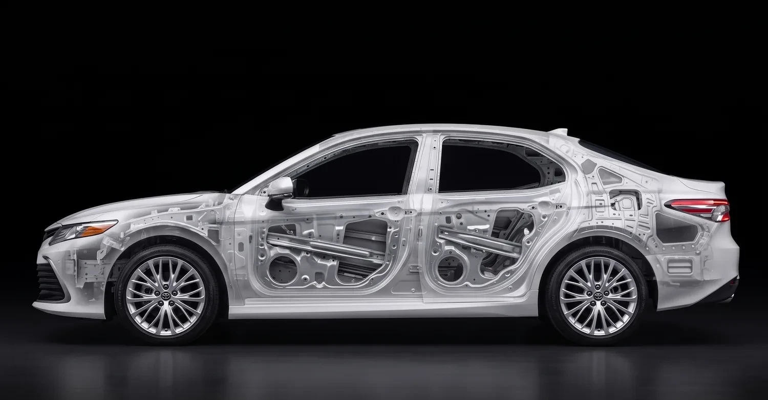 The same Toyota with the panels made transparent, showing the intrusion beam behind the door and the inner structure filling the rear quarter